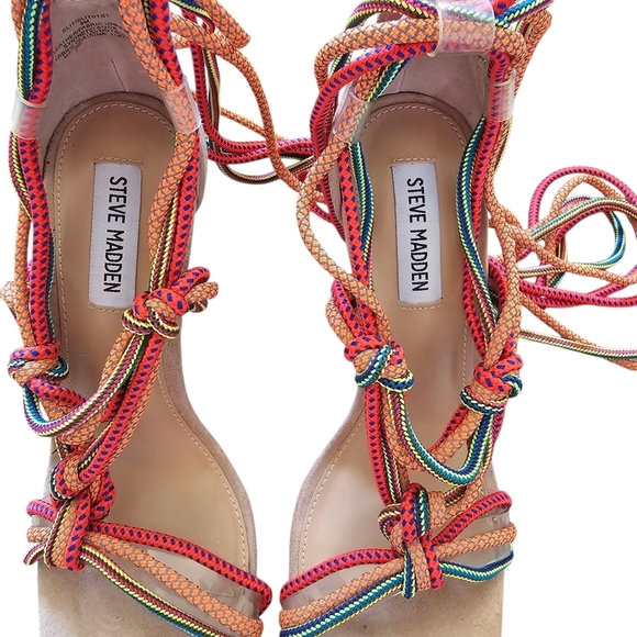 Steve Madden Womens Slit Tie Up Suede Evening Square Toe Colorful Heel Sandals - Picture 5 of 7